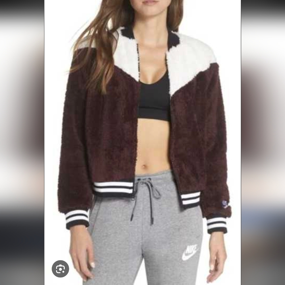Nike Fuzzy Colorblock Jacket...Cream-burgundy Bomber-teddy Jacket Size:L